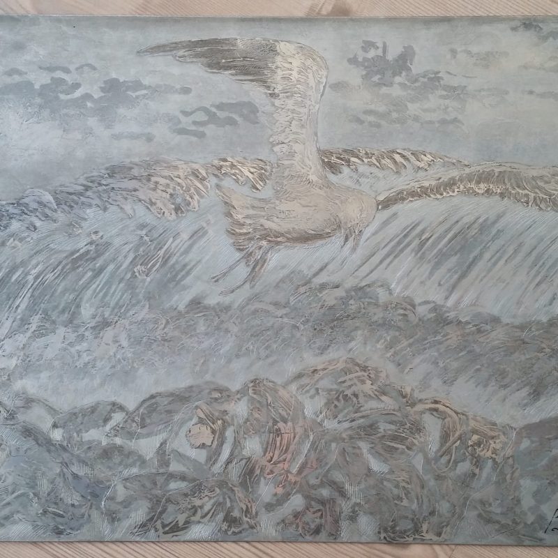 Paolo Romani 
- Mareggiata -
lastra incisa
cera molle, catramina, acquaforte, acquatinta e puntasecca su lastra di zinco
stampata a tre colori, nero caldo, blu oceano e giallo primula.
dimensioni cm 25x35